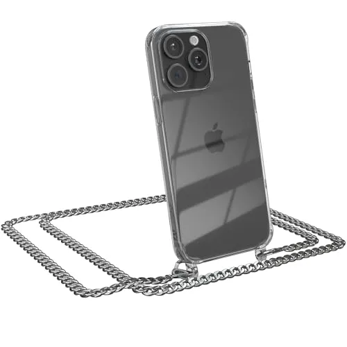 EAZY CASE Handykette kompatibel mit iPhone 15 Pro Max Handyhülle mit Metall Umhängeband und Ersatz Kordel schwarz, Handykordel mit Schutzhülle, Stylische Kette, Metall - Silber