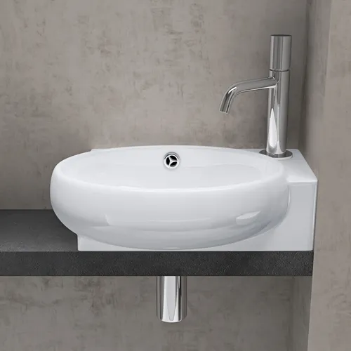 doporro Gäste-WC Aufsatzwaschbecken Brüssel001R - Platzsparendes Hängewaschbecken aus hochwertiger Keramik, ideal für kleine Bäder. Einfache Montage und modernes Design, perfekt für Ihr Gäste-WC.