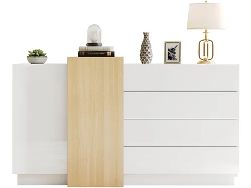 SeedWave Sideboard Modische Kommode griffloses Stauschrank mit 4 Schubladen, 4 Fächern, Mehrer Stauraum, Türen mit Rückprallstellsetzung
