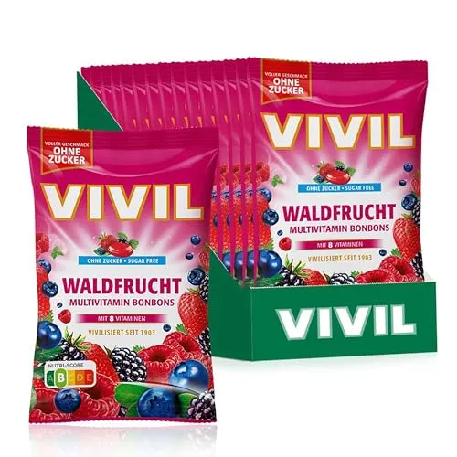 VIVIL Waldfrucht mit 8 Vitaminen, 15 Beutel, Multivitaminbonbons mit Waldfruchtgeschmack, zuckerfrei & vegan, 15 x 120g