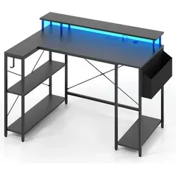 Costway L-förmiger Gaming-Schreibtisch mit LED - Ergonomischer L-förmiger Schreibtisch in Schwarz mit einstellbarem LED-Licht, integrierten Steckdosen und großzügiger Arbeitsfläche. Ideal für Gaming und Büroarbeiten, inklusive Stauraum und Zubehörhalter.