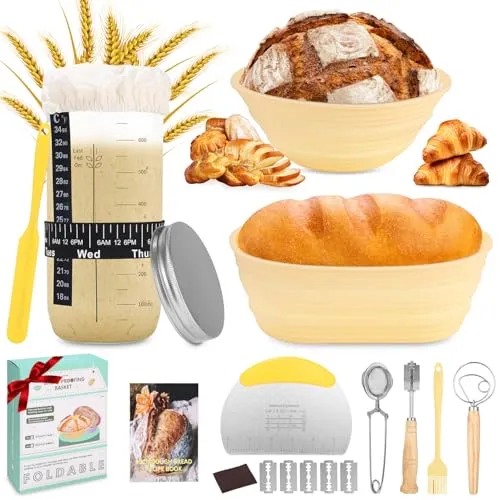 Gärkörbchen 12-Teilig Sauerteig Starter Set – Silikon Backzubehör für Brotliebhaber
