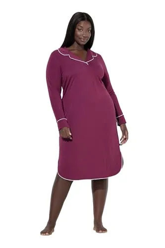 Ulla Popken Damen große Größen Übergrößen Plus Size Nachthemd, Zierpaspel, Reverskragen, Langarm dunkle Beere 46+ 812447544-46+