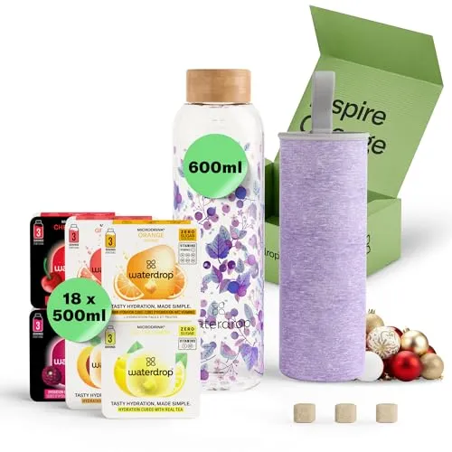 waterdrop® Flasche aus Glas 600ml - Inkl. 18 zuckerfreie Drops für erfrischende Hydration - Trinkflasche aus robustem Borosilikatglas, ideal für unterwegs. Mit 18 zuckerfreien Microdrinks verwandelst du Wasser in ein köstliches Getränk – gesund, umweltfreundlich und ohne Plastik!