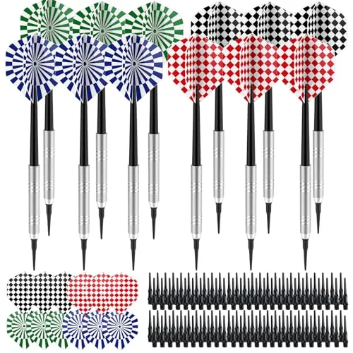 SUPERWSLING 12 Stück Dartpfeile mit Kunststoffspitze, Soft Dart Pfeile Set mit 24 Extra Flight Boards, 100 Austauschbare Pfeilköpfe,Stabile und Flexible Kunststoffschäfte