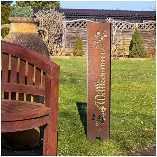 teileplus24 GS01 Willkommen Gartenstecker Gartenschild | Kupfer Antik Garten Deko | 3D Abkantung | 120cm x 21cm