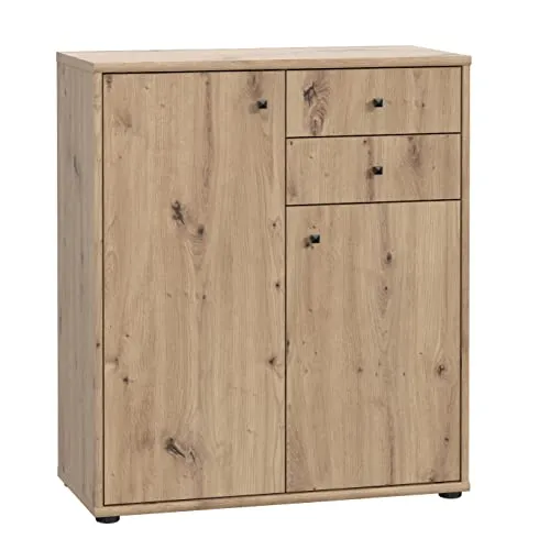 FORTE TEMPRA 2 Kommode mit 2 Türen und 2 Schubladen - Kommode in Artisan Eiche Dekor, pflegeleicht mit 2 verstellbaren Einlegeböden und Gleitern für einfaches Verschieben. Ideal für stilvolle und funktionale Wohnräume.