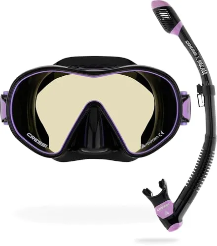 CRESSI Limited Edition HiroQuest Adult Mask & Snorkel Set Made by x Steve Aoki_ Maske F-Dual+Schnorchel Supernova Dry, Schwarz/Lila 380 Linse Blau/Orange, Einheitsgröße, Unisex