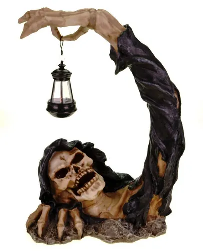 Vogler Dekofigur LED Gothic Figur Sensenmann mit Laterne – Totenschädel Deko 30 cm - Stilvolle Dekofigur aus Polyresin, ideal für Gothic-Fans. Mit LED-Beleuchtung sorgt sie für stimmungsvolle Akzente in jedem Raum.