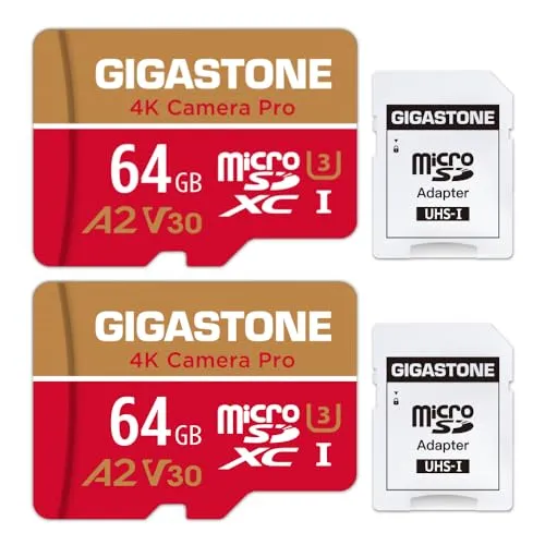 GIGASTONE 64GB Micro SD Speicherkarte 2er-Pack, 4K Kamera Pro, kompatibel mit GoPro Switch, bis zu 95 MB/s, A2 U3 V30 Micro SDXC-Karte mit SD-Adapter