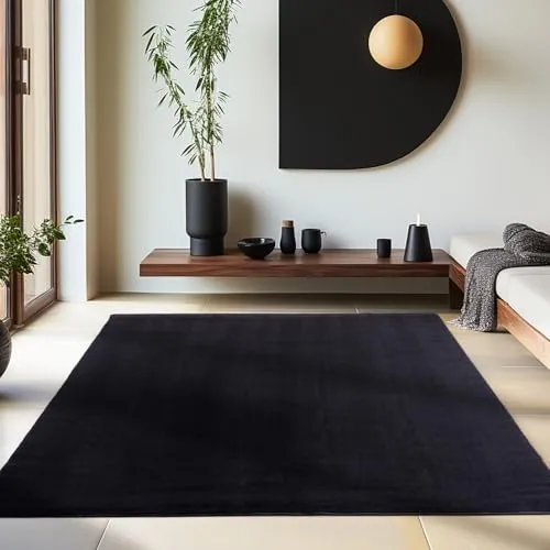 HomebyHome Kurzflor Teppich 240x340 cm Schwarz - Teppich für Wohnzimmer, Schlafzimmer und Küche – Waschbar, extra weich, rutschfest und ideal für jede Einrichtung.