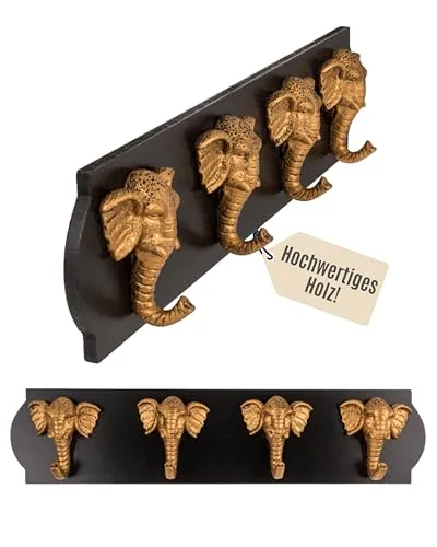 Out of the blue Holz Garderobe mit Elefantenköpfen - Garderobenleiste inkl. Wandhaken für Jacken & Taschen - Exotisches Design & einfache Montage - kompakte Flurgarderobe 48cm