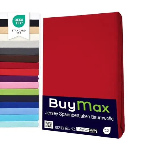 Buymax® Spannbettlaken 180x200cm Baumwolle 100% Spannbetttuch Bettlaken Jersey, Matratzenhöhe bis 25 cm, Farbe Rot