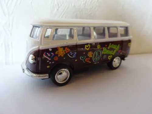 VW Bus T1 Flowerpower weinrot Modelauto ca.6,5cm *NEU* 1:64 Rückzugmotor