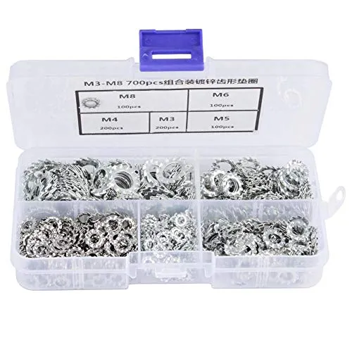 Sicherungsscheiben, Akozon 700 Stück Verzinkte gezackte Zahnscheibe Unterlegscheibe Flaches Set Befestigungswerkzeug M3 M4 M5 M6 M8