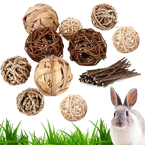 Vegena 10 Stück Kaubälle Meerschweinchen - Kleintiere Kauspielzeug Natürliche Bälle mit Apfelzweig-Sticks Kleintierspielzeug für Chinchilla Hamster Kaninchen Hasen Zwergkaninchen Zubehör