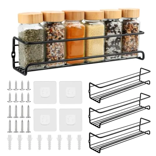 4er-Pack Gewürzregal Wand Ohne Bohren, Küchenregal Wand hängend Selbstklebend Gewürzregal, Inkl Befestigungs-Tools Gewürzhalter für Schranktür, Küche, Deco, Arbeitsplatte, Badregal, 29 x 6,5 x 6.5 cm