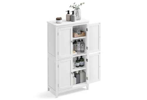 Vasagle Badschrank BBC552P31 - Weißer Midischrank mit 4 Fächern - Kommode in Weiß, mit 4 Fächern und höhenverstellbaren Böden, aus feuchtigkeitsbeständigem MDF, ideal für Bad und Küche, inklusive Wandhalterung für zusätzliche Sicherheit.