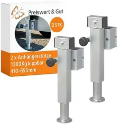 Preiswert&Gut 2X Höhenverstellbare Anhängerstützen 410–655 mm - Universalzubehör für Anhängerkupplungen, mit einer Tragkraft von bis zu 1300 kg und stufenloser Höhenverstellung für flexible Anpassungen – ideal für Wohnmobile und Anhänger.