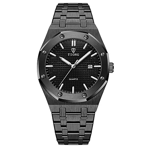 Tiong Herren Uhr Edelstahl Wasserdicht Metallarmband Analoger Quarzuhr Date Armbanduhr Männer Zeiger Leuchtende (Black)…