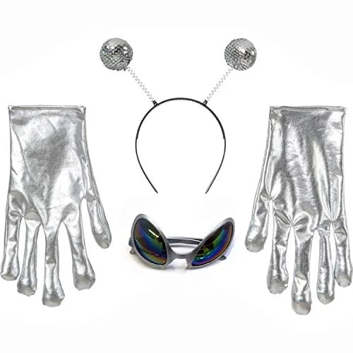 Amakando Originelles Weltraum Kostüm-Set Außerirdischer/Silber/Weltall Verkleidung mit Alien-Brille, Antennen-Haarreif und Handschuhen/Perfekt geeignet zu Mottoparty & Kostümfest