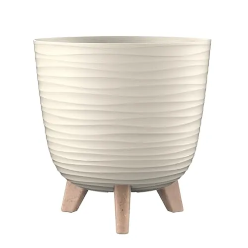 Engelland - 1 x Blumentopf mit Füßen & Bewässerungssystem, Beige, Ø 24 cm, Pflanzkübel, Übertopf, Wellenmuster, Innen- & Außenbereich, Drainagesystem & Wasserspeicher, rund, Kunststoff