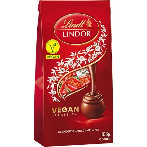 Lindt LINDOR Beutel Vegan 108g – 8 Kugeln zartschmelzende Schokolade - Genießen Sie 8 Kugeln zartschmelzender veganer Schokolade mit cremiger Füllung. Ideal für jeden Anlass, perfekt als Geschenk oder zum Teilen. Hochwertige Zutaten für einen einzigartigen Geschmack – ganz ohne Milchprodukte.