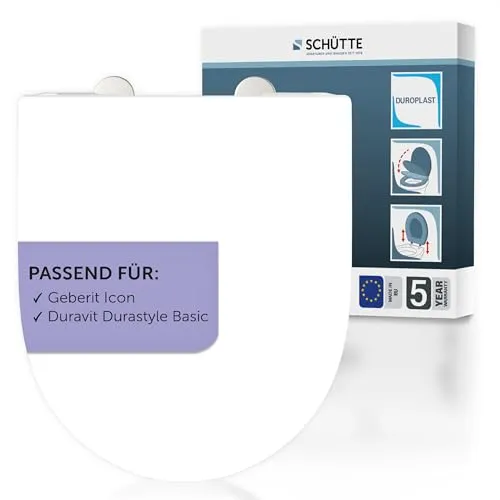 SCHÜTTE WC-Sitz mit Absenkautomatik für Geberit Icon & Duravit DuraStyle Basic - Hochwertiger WC-Sitz aus bruchsicherem Duroplast, mit 250kg Belastbarkeit. Einfache Montage und Reinigung dank Schnellverschluss. Ideal für spülrandlose Toiletten.