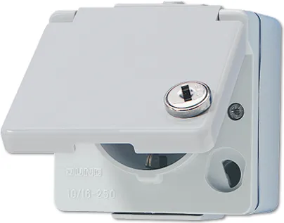 Jung 620 W SL Schuko-Steckdose Aufputz - Steckdose CEE 7/3 (Typ F) mit Sicherheitsschloss, ideal für sichere und flexible Installationen in Innenräumen. IP44 Schutzart sorgt für zusätzlichen Schutz.