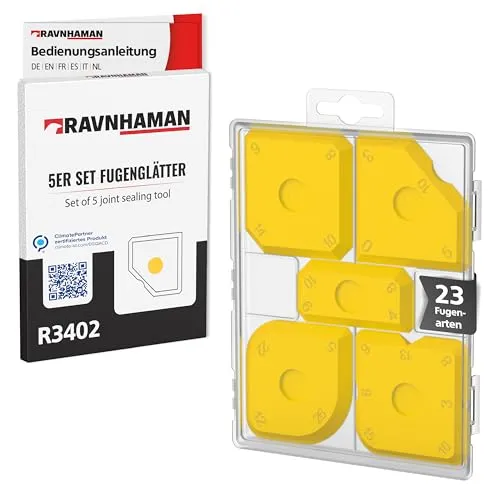 RAVN HAMAN 5er Set Fugenglätter Gelb - Fugenwerkzeug mit 23 verschiedenen Formen - Fugen-Spachtel zum Verfugen z.B. mit Silikon & Acryl - Fugenabzieher inkl. Aufbewahrungsbox
