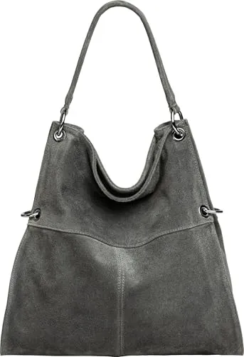 Caspar Große Vintage Leder Schultertasche Damen - Modell No.805, Dunkelgrau - Stilvolle Damen Schultertasche aus weichem Wildleder im Vintage Design. Ideal für den Alltag, mit viel Stauraum und verstellbarem Gurt. Handgefertigt in Italien - Qualität, die begeistert.
