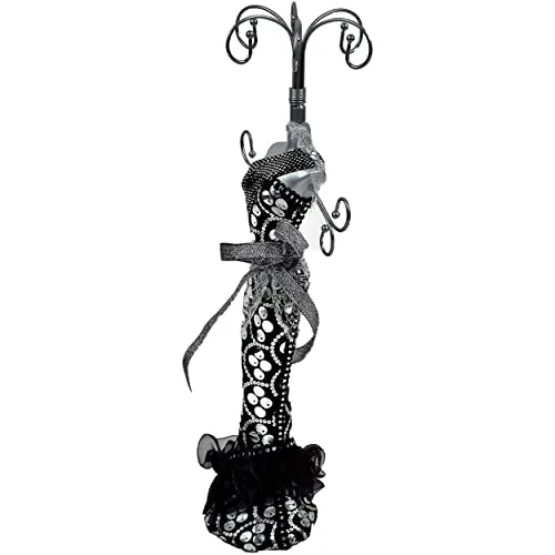 Schmuck Halter Dekorative Vintage Original Mannequin Display für Halsketten, Ohrringe, Anhänger Holz und Metall Haken Stoff Armbänder H.40cm Farbe Schwarz und Silber