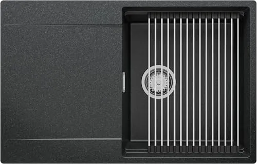 PRIMAGRAN Spülbecken Anthrazit 78x50cm, Granitspüle 1 Becken + Ablauf-Set + Aufrollbare Abtropffläche, Küchenspüle ab 50er Unterschrank - San Francisco S021