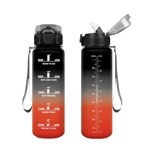 Sportflasche 1L, Wasserflasche mit Strohhalm, Kohlensäure Geeignet, Motivierende Trinkflasche mit Zeitmarkierung, Auslaufsicher Trinkflasche für Klettern, Reisen, Fitnessstudio, Sprudel, Wandern