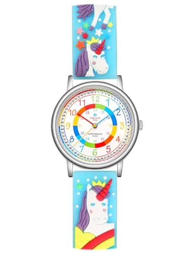 Alienwork Einhorn Lernuhr Kinderuhr Mädchen Uhrzeit Lernen Silber Kautschuk-Armband Türkis Mehrfarbig Kinder-Uhr Wasserdicht 5 ATM Zeit Lernen