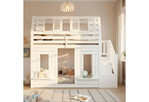 Redom Etagenbett in Weiß, 90x200 cm, Kinder- & Jugendzimmer - Funktionales Etagenbett aus Kiefernholz und MDF, ideal für Kinderzimmer. Mit Stauraumtreppe und integrierter LED-Beleuchtung für eine gemütliche Atmosphäre. Flexibel als Schlaf- oder Spielbereich nutzbar.