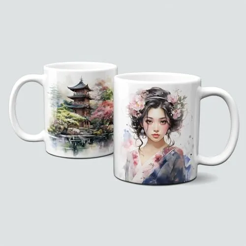 online-hut - Tasse - Kaffeebecher - Geisha - Pagode - Aquarell Design - Japan - Watercolor - Motivtasse - Geschenkidee - LT-1269