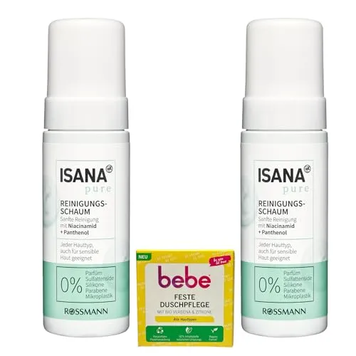 Produktbild 2x ISANA Pure sanfter Reinigungsschaum | jeder Hauttyp, auch für sensible Haut geeignet | Niacinamid & Panthenol | 2x 150 ml (300ml) | 1x Bebe feste Duschpflege