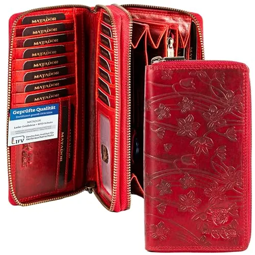 MATADOR Portmonee Damen Rot #Madrid - Elegante Damen-Geldbörse aus handgefertigtem Echtleder mit RFID-Schutz. Bietet 30 Kartenfächer und ein XXL Münzfach – das perfekte Geschenk für jeden Anlass!