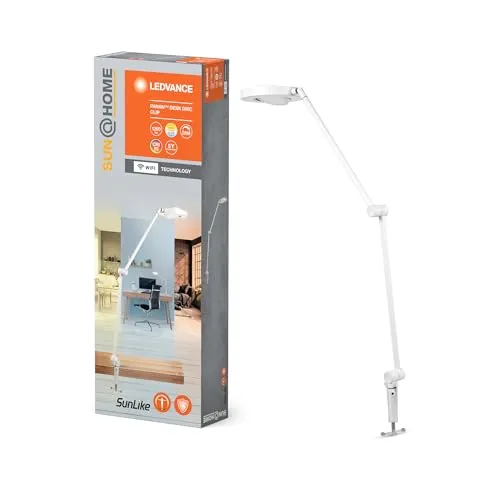 SUN HOME PANAN DESK DISC CLIP TW White - Weiße Tischleuchte - Lampen mit Human Centric Lighting, dimmbar und steuerbar über App oder Sprachassistenz. Ideal für verbesserten Schlafrhythmus und Konzentration.