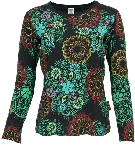 GURU SHOP Besticktes Langarmshirt Hippie Chic Retro - Schwarz/grün, Damen, Size:S