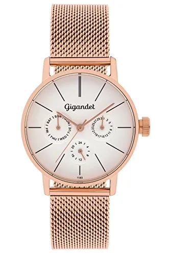 Gigandet Damenuhr Multifunktion Quarz Analog Edelstahlarmband rotgold G38-008 - Elegante Damen-Armbanduhr im Business-Look mit kratzfestem Saphirglas und einem anpassbaren Milanaise Edelstahlarmband für höchsten Tragekomfort.