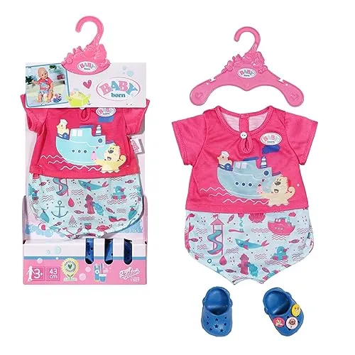 Zapf 830628 BABY born Bath Pyjamas Clogs - 43 cm Onesie mit bunten Wasserpark-Motiven und warmen Clogs für kreatives Spielvergnügen