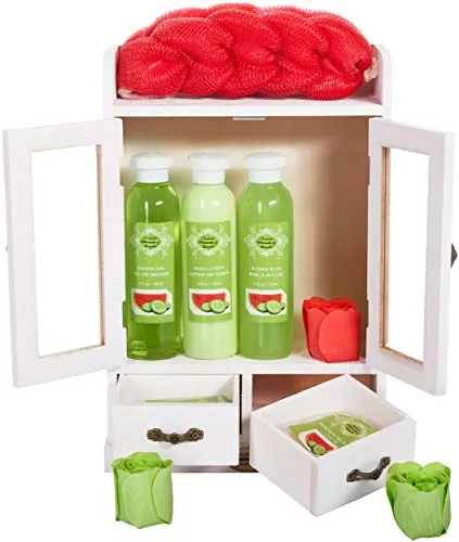 BRUBAKER Cosmetics - 10-teiliges Bade- und Pflege Set Geschenkset - Wassermelone & Gurke - im Vintage Beauty-Schrank Weiß