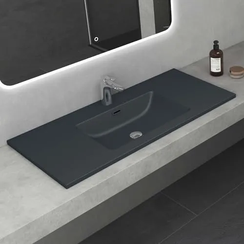 Mai & Mai Waschbecken Colossum02-1000 - Einbauwaschbecken aus Mineralguss in edlem Matt Anthrazit, eckige Form, leicht zu reinigen und pflegeleicht, ideal für moderne Badezimmer.