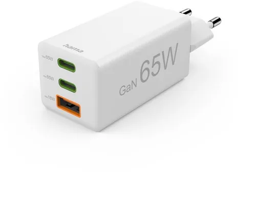 Hama Schnellladegerät 65W - 2x USB-C PD, 1x USB-A QC, kompaktes GaN-Design für schnelles Laden von bis zu drei Geräten gleichzeitig