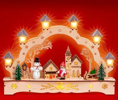 SIKORA Schwibbogen LB62s - LED Holz Schwibbogen Dorfkirche - Schwibbogen aus Holz mit LED-Beleuchtung, ideal für Fenster oder als Geschenk. Batteriebetrieben oder mit Trafo anschließbar, dekoriert mit beleuchteten Figuren und Laternen.