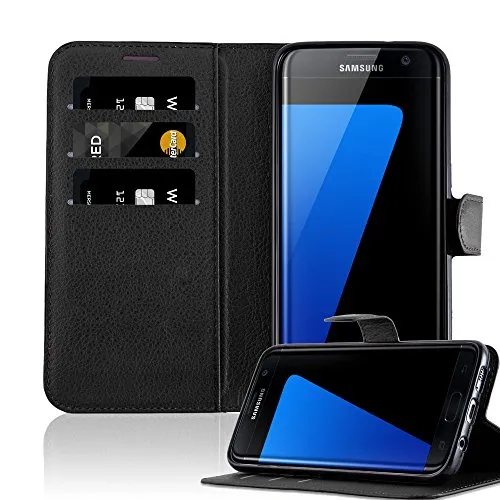 Cadorabo Hülle kompatibel mit Samsung Galaxy S7 Edge Handyhülle aus Kunst Leder Flip Klappbare Stoßfeste Magnetische [Standfunktion] [Kartenfächern] Cover Hülle für Galaxy S7 Edge Tasche in Schwarz