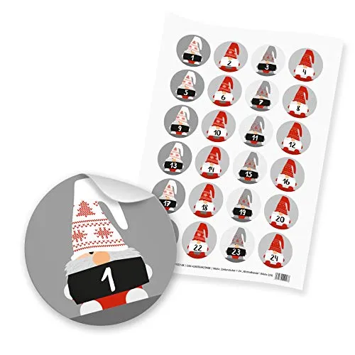 itenga Adventskalender Zahlen Aufkleber Motiv Wichtel Sticker 1-24 - 4cm rot grau weiß schwarz
