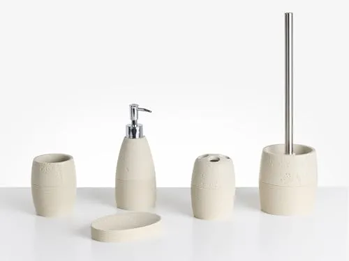 Badaccessoires Set 5-teilig Kunstharz Hellbeige Rillenoptik - Badausstattung Sets, handgefertigt aus robustem Kunstharz mit stilvoller Rillen- und Betonoptik für ein modernes Badezimmer.